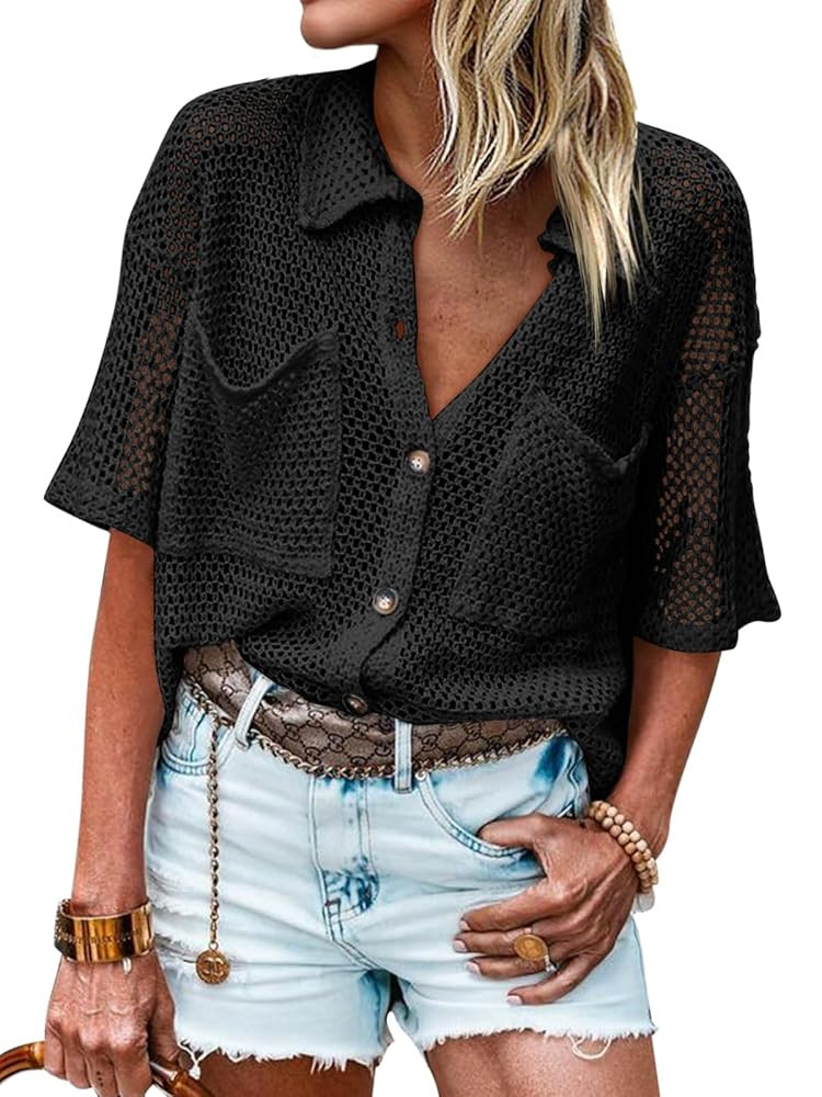Fisoew Womens Crochet Lightweight Cardigan Sweaters Short Sleeve Summer Button Down Collared Loos... | Amazon (US)