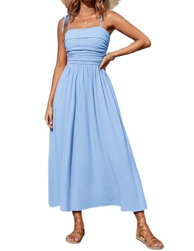 Sunny Spirit Sleeveless Spaghetti Strap Maxi Dress for Women Spring Flowy Dresses Beach Vacation Sundresses Blue Large | Amazon (US)