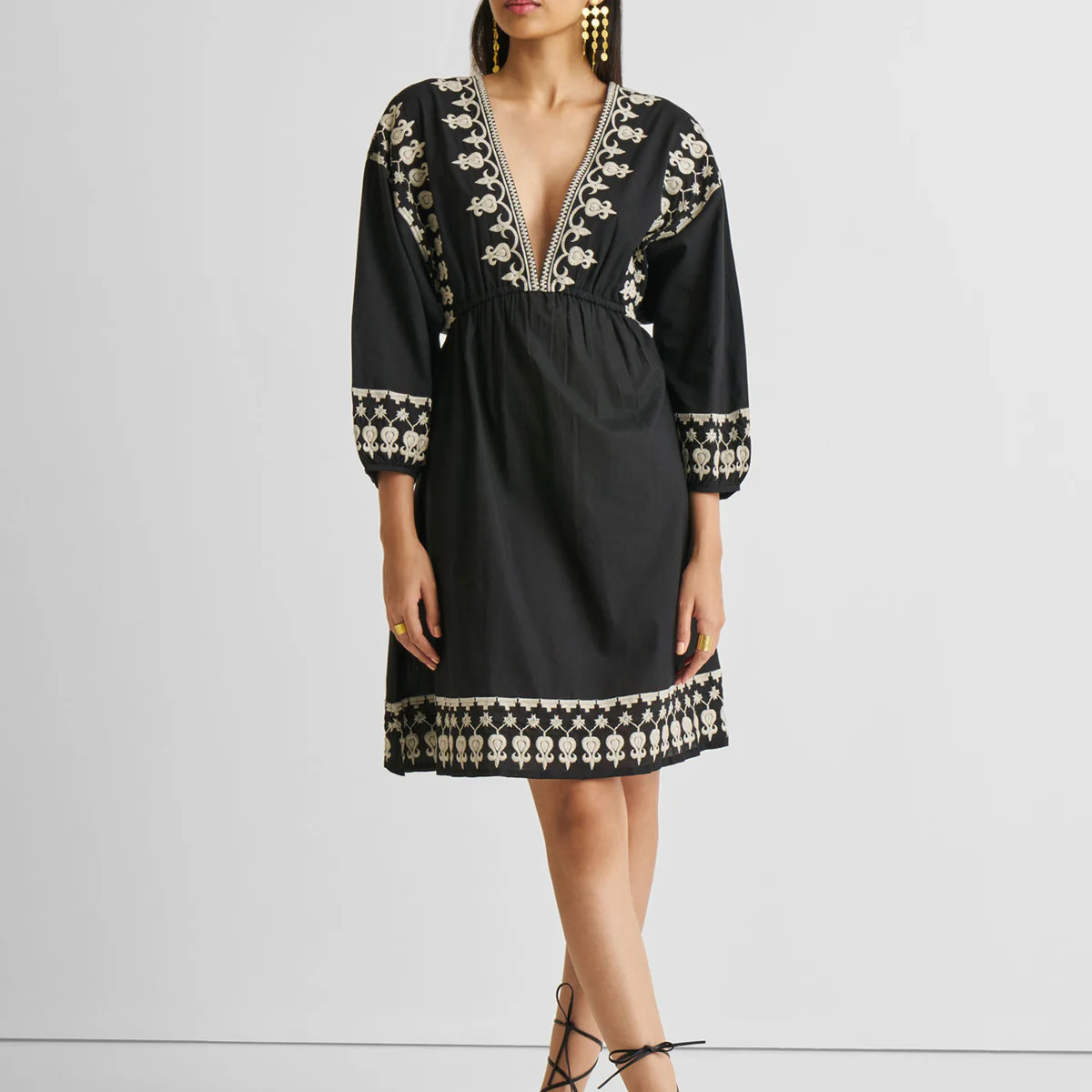Deep V Embroidered Dress in Black | Reistor