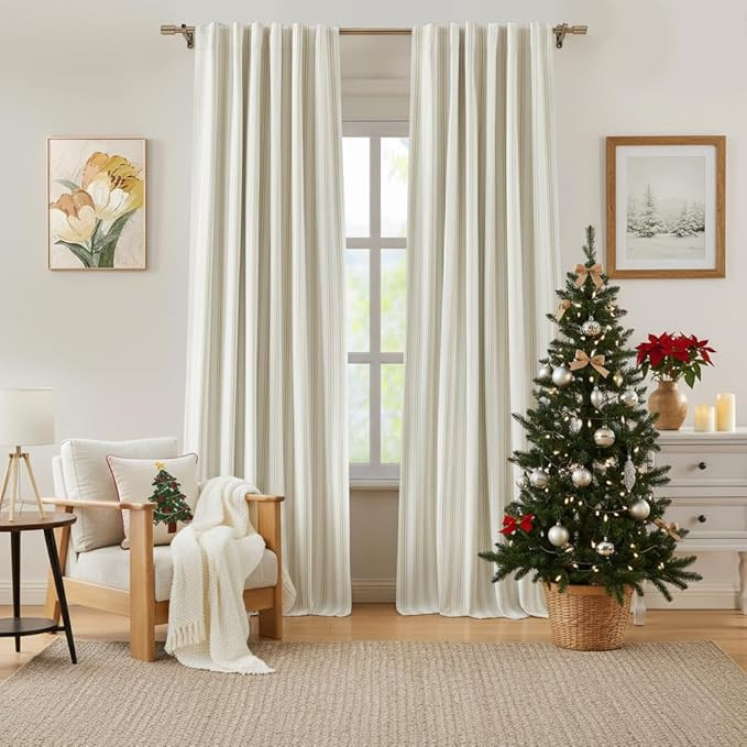 ZJDECOR Beige Striped Blackout Curtain Panels 95 Inch Length,Modern Stripe on White Cotton Blend ... | Amazon (US)