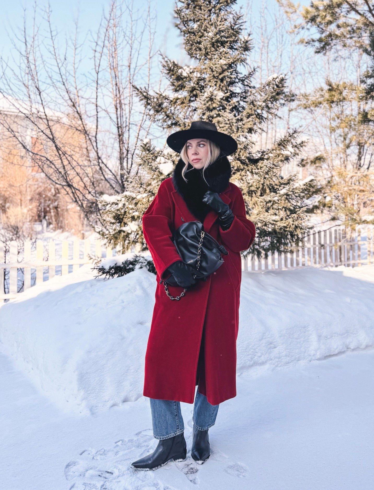 Red coat outfit, @Janessa Leone black wool fedora hat, @Zara straight leg jeans, black leather gloves, black and red outfit, black western boots 

#LTKValentine #LTKOver40 #LTKSeasonal