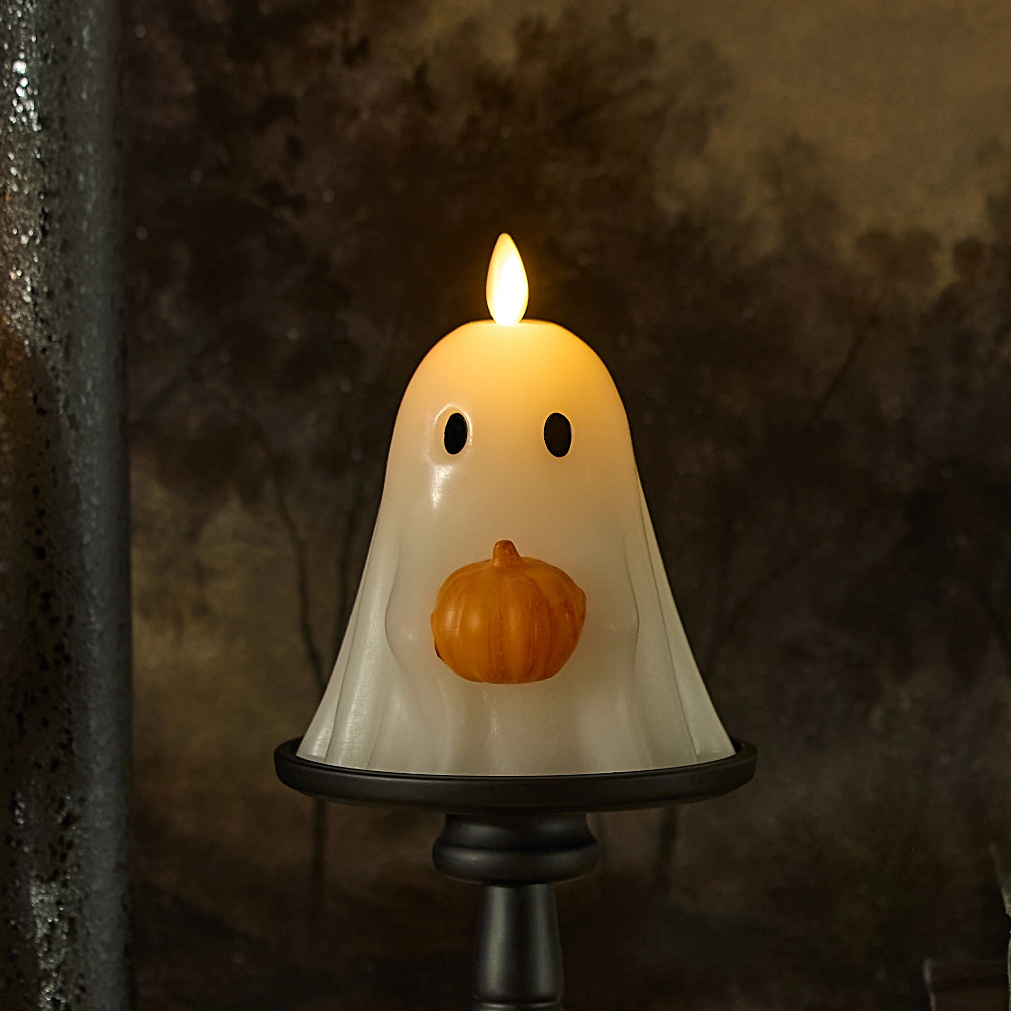 Bright White Ghost Holding Pumpkin Flameless Candle | Luminara