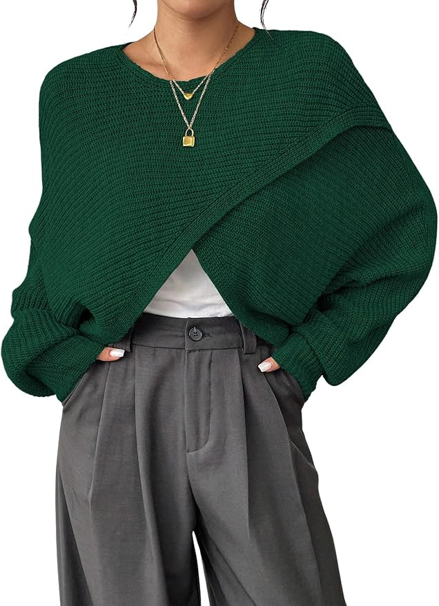 Verdusa Women's Lightweight Asymmetrical Wrap Fall Sweater Tops Old Money Puff Sleeve Cropped Swe... | Amazon (US)