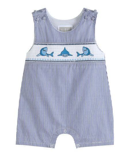 Lil Cactus Navy Stripe Shark Smocked Shortalls - Infant & Toddler | Zulily