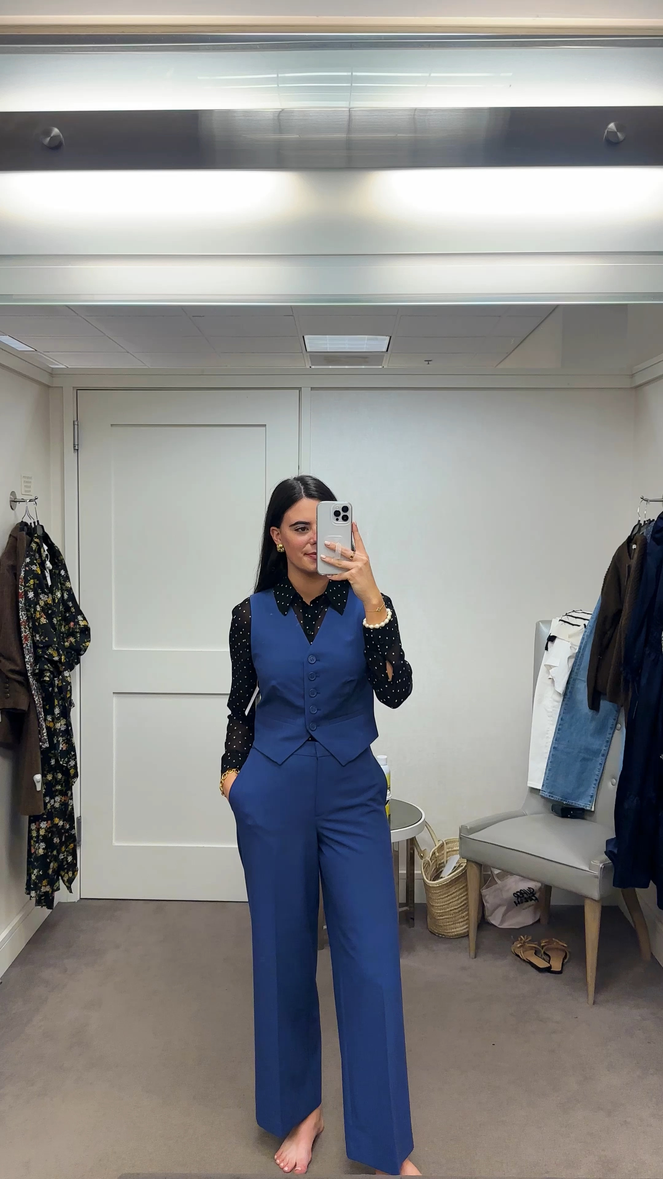 Love this blue and black vest set for work!