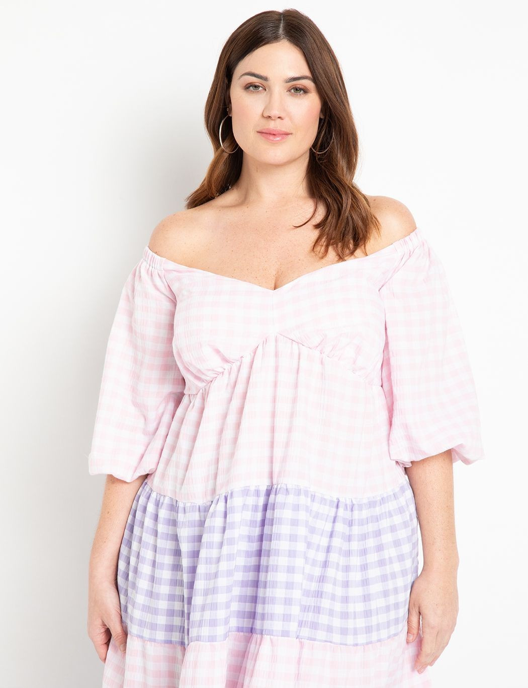 Off The Shoulder Color Blocked Check Dress | Women's Plus Size Dresses | ELOQUII | Eloquii