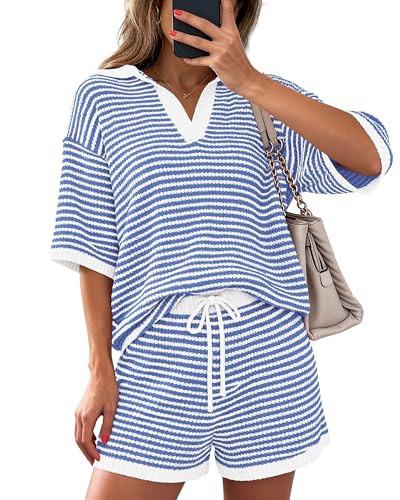 PRETTYGARDEN Women 2 Piece Lounge Sets Short Sleeve V Neck Striped Tops Drawstring Short Sets Beach Summer Outfits 2026(Striped Light Blue,Medium) | Amazon (US)
