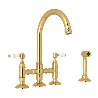 ROHL Italian Kitchen Double Handle Bridge Kitchen Faucet with Side Spray in Antique Brass A1461LP... | The Home Depot