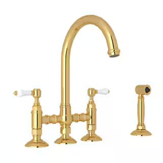 ROHL Italian Kitchen Double Handle Bridge Kitchen Faucet with Side Spray in Antique Brass A1461LP... | The Home Depot