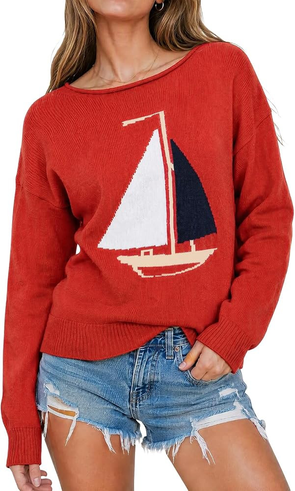 Imily Bela Womens Boat Neck Sweater Sailboat Graphic Cropped Knit Top | Amazon (US)