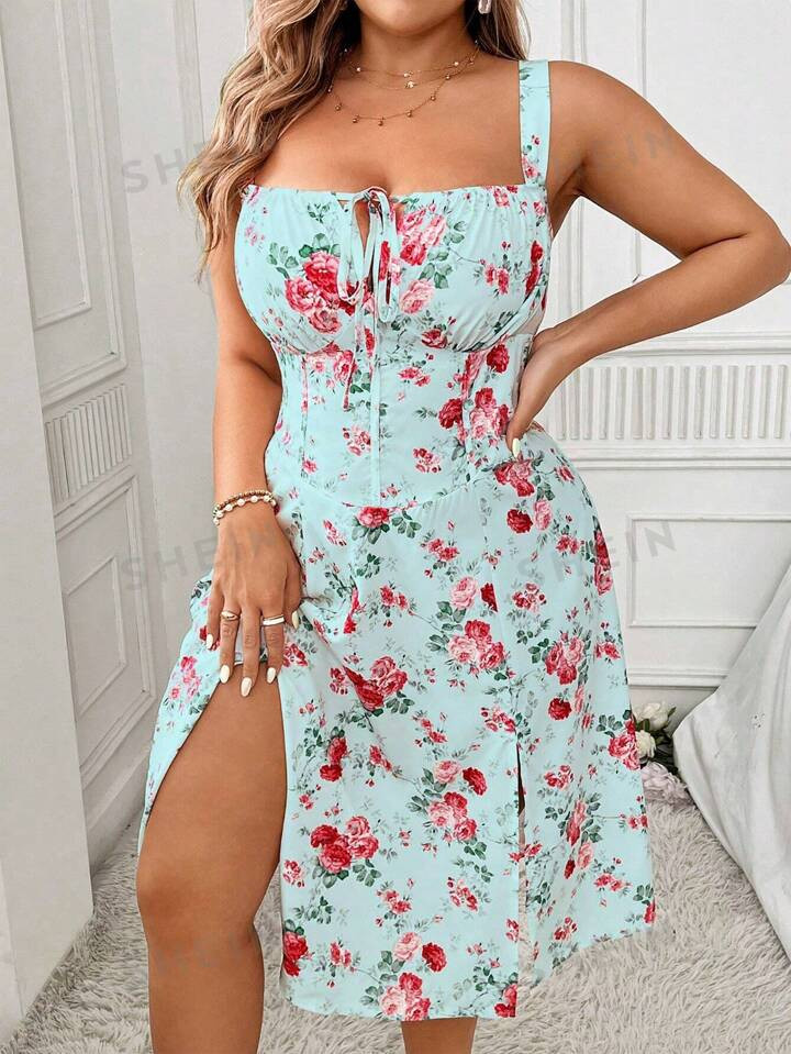 SHEIN Frenchy Plus Size Floral Printed Dress With Ruched Bust, Side Slit, And Thick Shoulder Stra... | SHEIN