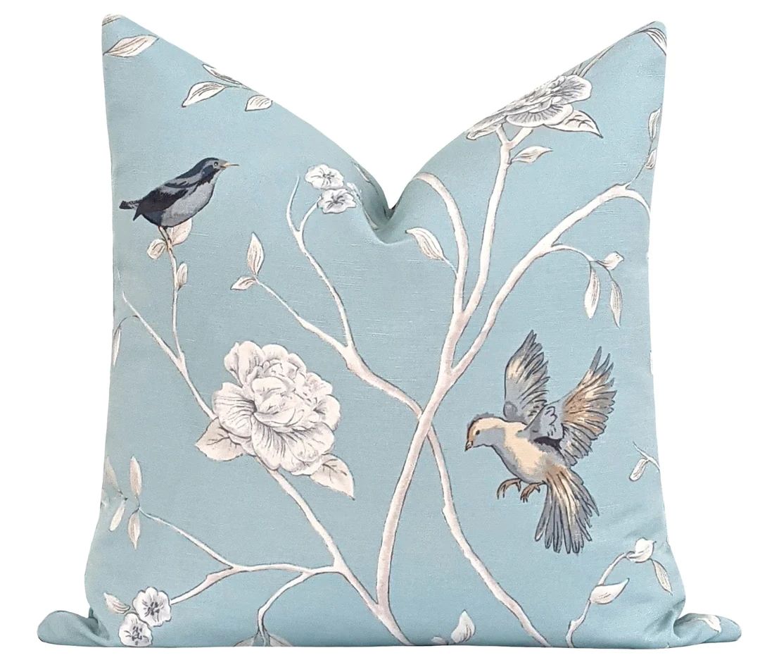 Eve Haze Blue Floral Bird Pillow | Land of Pillows