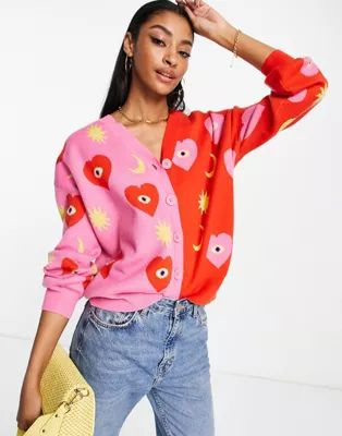 Never Fully Dressed contrast knit cardigan co-ord in pink and red | ASOS (Global)