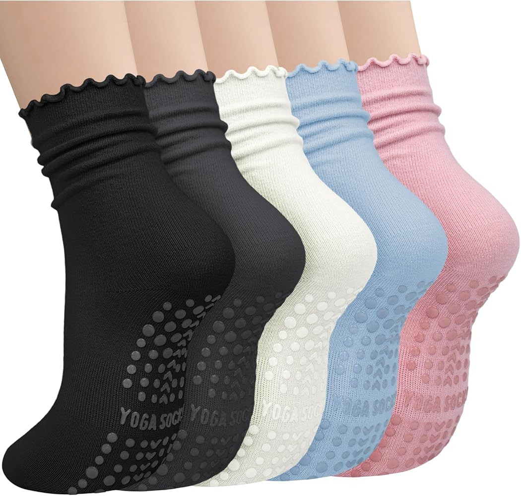 5 Pairs Pilates Socks with Grips for Women, Non Slip Cotton Ruffle Yoga Socks for Barre Workout H... | Amazon (US)