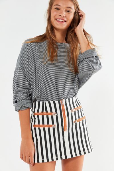 BDG Striped Contrast Zipper Mini Skirt - Black Multi XS at Urban Outfitters | Urban Outfitters US