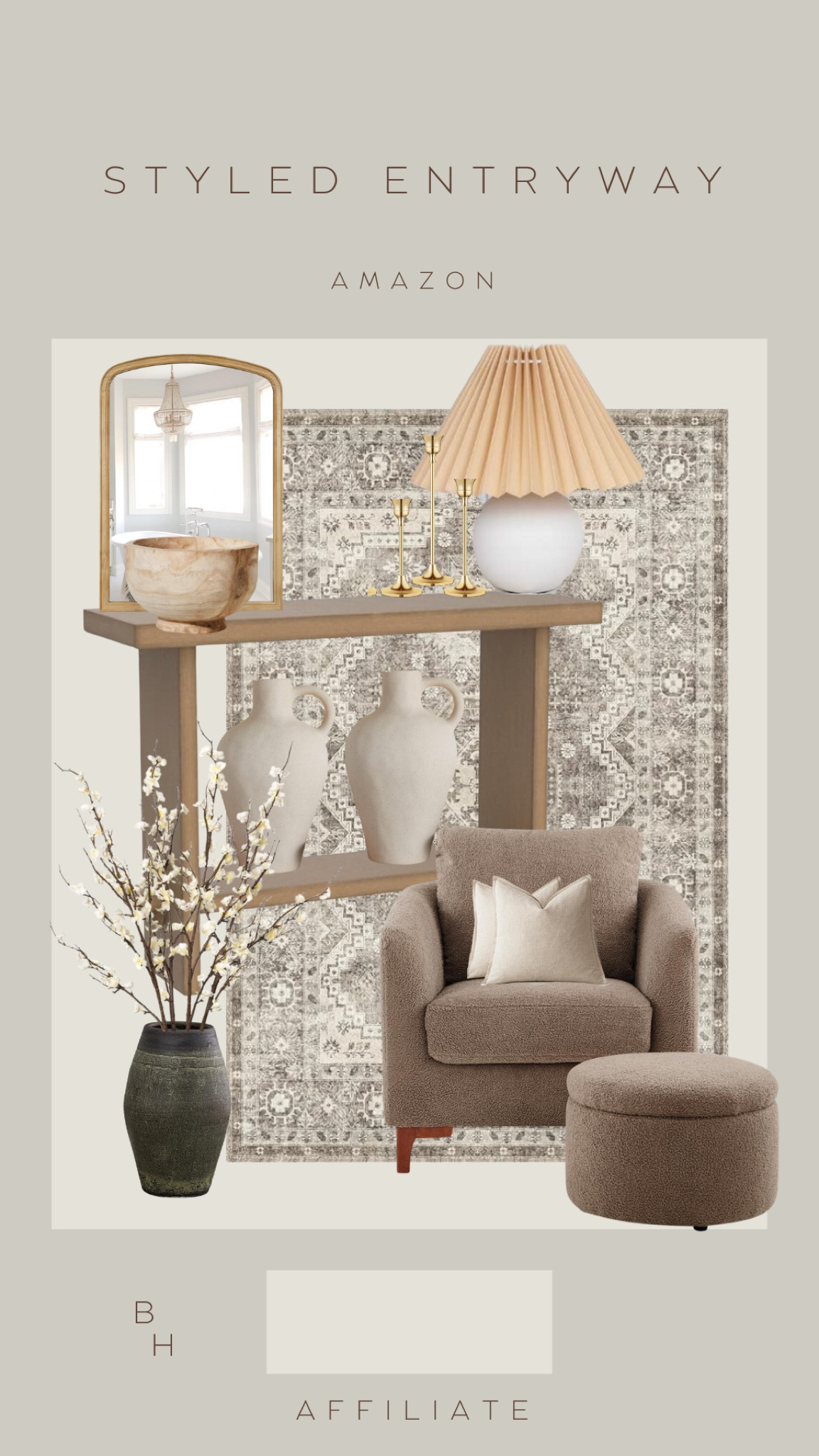 Styled neutral entryway from Amazon, table lamp, accent chair, brown chair, area rug, ceramic vase, arched mirror, Amazon deals, Amazon home, Amazon home finds. #LTKMostLoved

#LTKstyletip #LTKhome