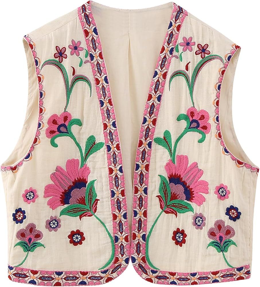 Wyeysyt Women Floral Embroidered Vest Vintage Sleeveless Boho Y2k Cardigan Open Front Cropped Wai... | Amazon (US)