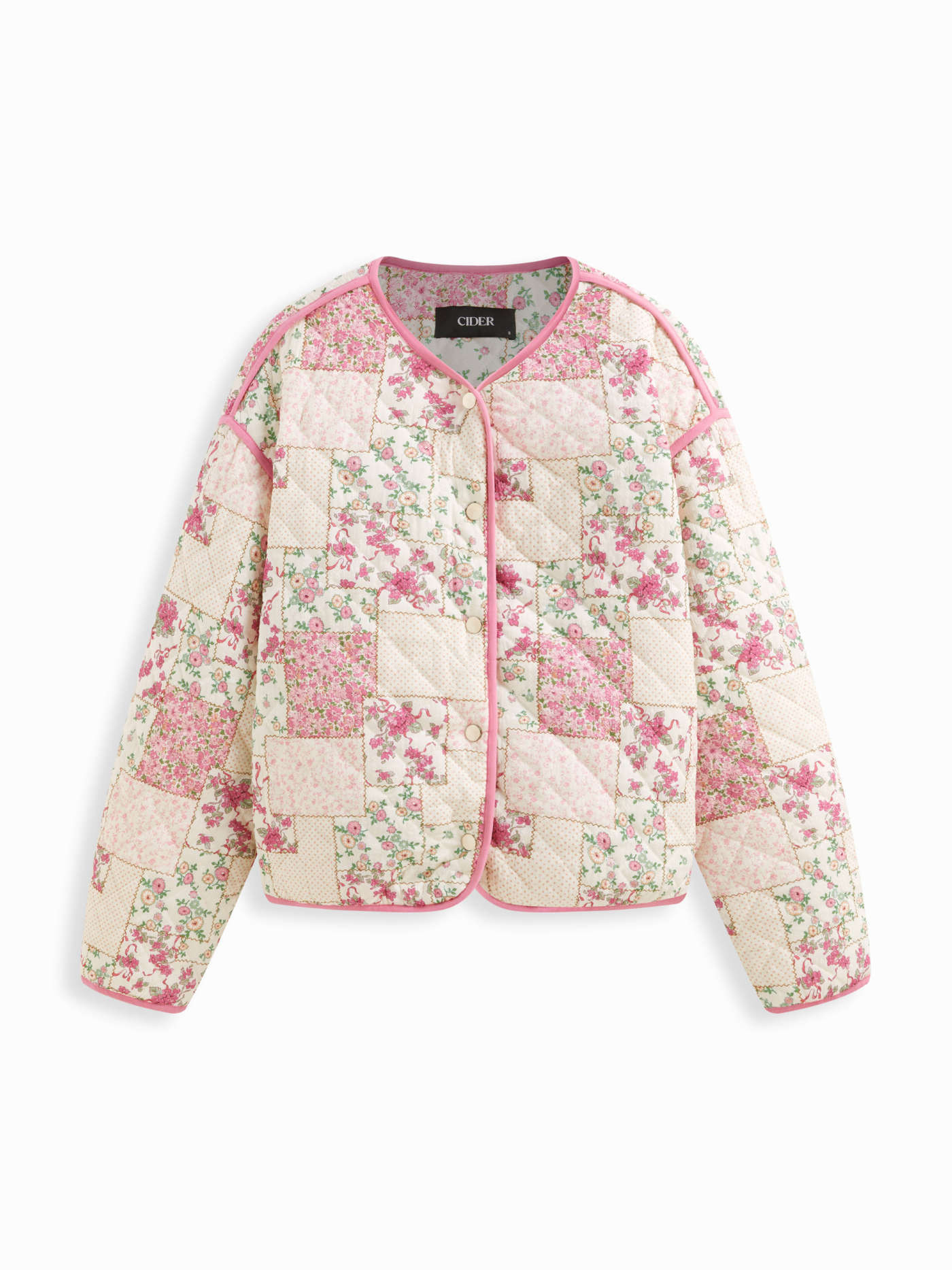 Woven Floral V-neck Contrasting Binding Button Oversized Puffer Jacket For Daily Casual | Cider