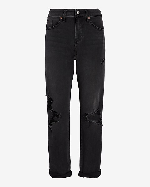 Conscious Edit Mid Rise Black Ripped Rolled Hem Boyfriend Jeans | Express