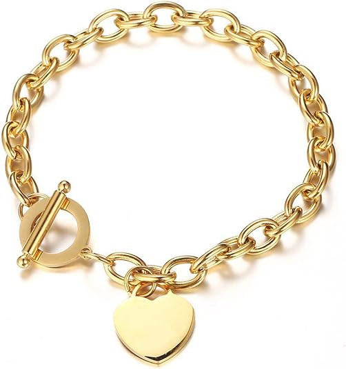 Elegent Love Stainless Steel Link Chain Blank Heart Charms Bracelet for Women Toggle Clasp Closur... | Amazon (US)