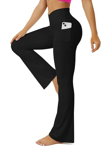 FOHOFO Yoga Pants Women, Flare Leggings for Women with Pockets Crossover High Waisted Bootcut Yoga Pants Black | Amazon (US)