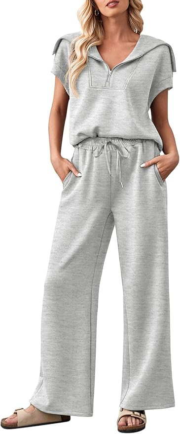 MEROKEETY Women 2 Piece Outfits Sweatsuit Set Half Zip Lapel Collar Short Sleeve Sweatshirt Wide ... | Amazon (US)
