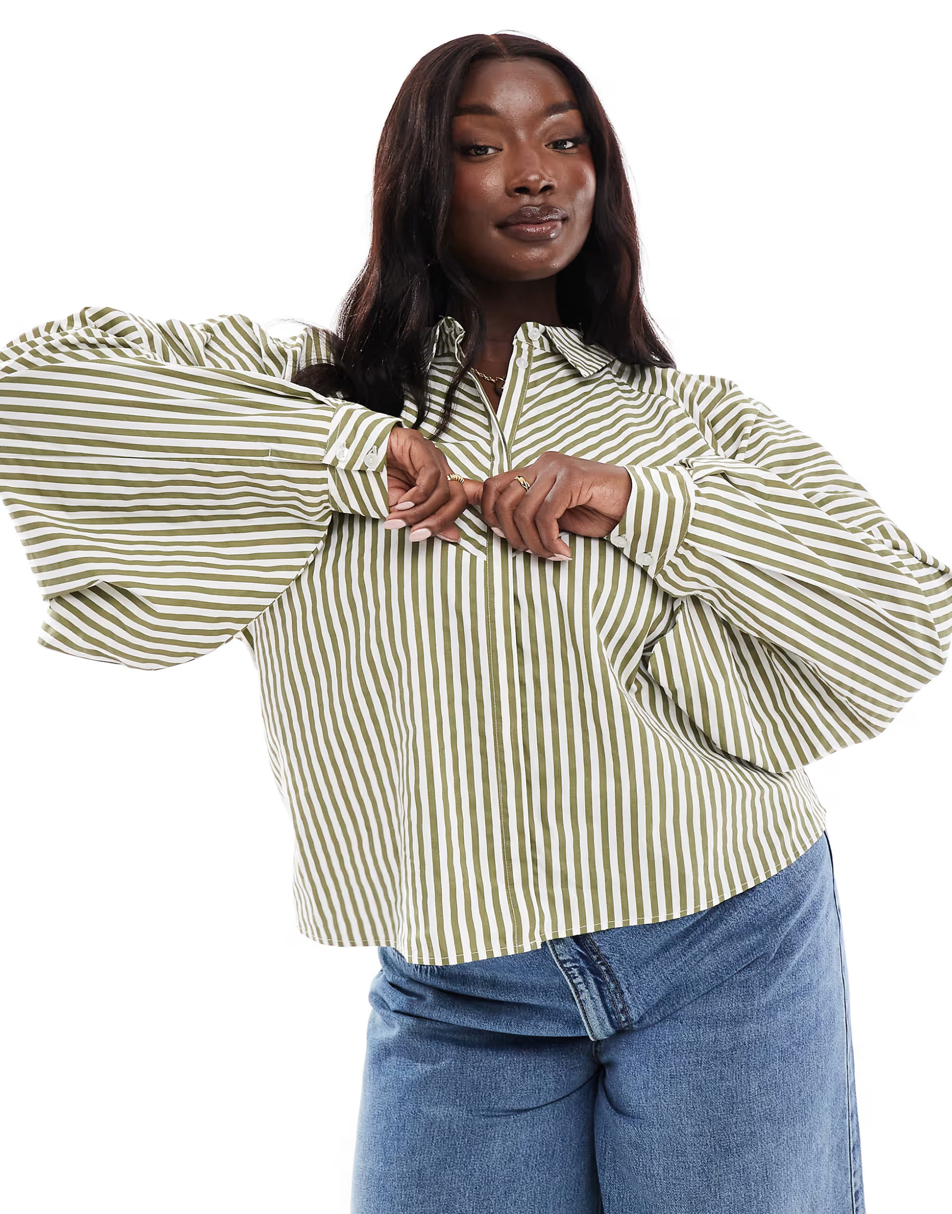 ASOS DESIGN Curve spliced volume shirt in olive & white | ASOS (Global)