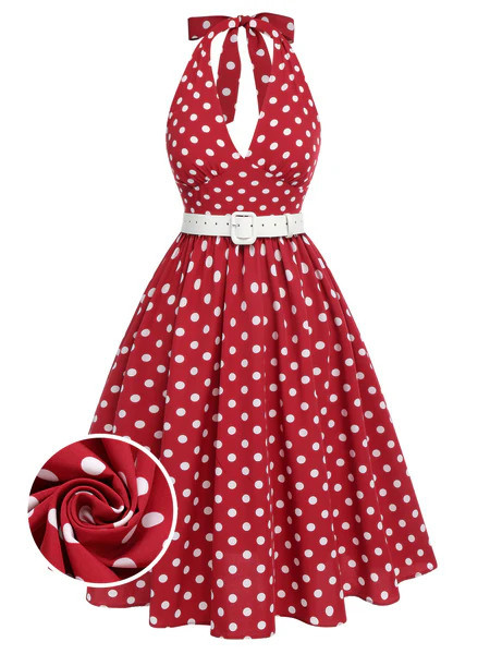 Red 1950s Polka Dot Halter Dress | Retro Stage