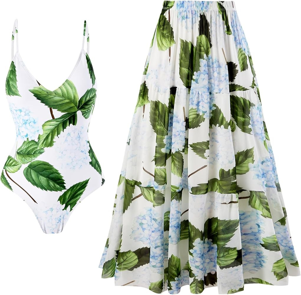 Women's One Piece Swimsuit with Beach Cover up Wrap Skirt Retro Two Piece Bathing Suit | Amazon (US)