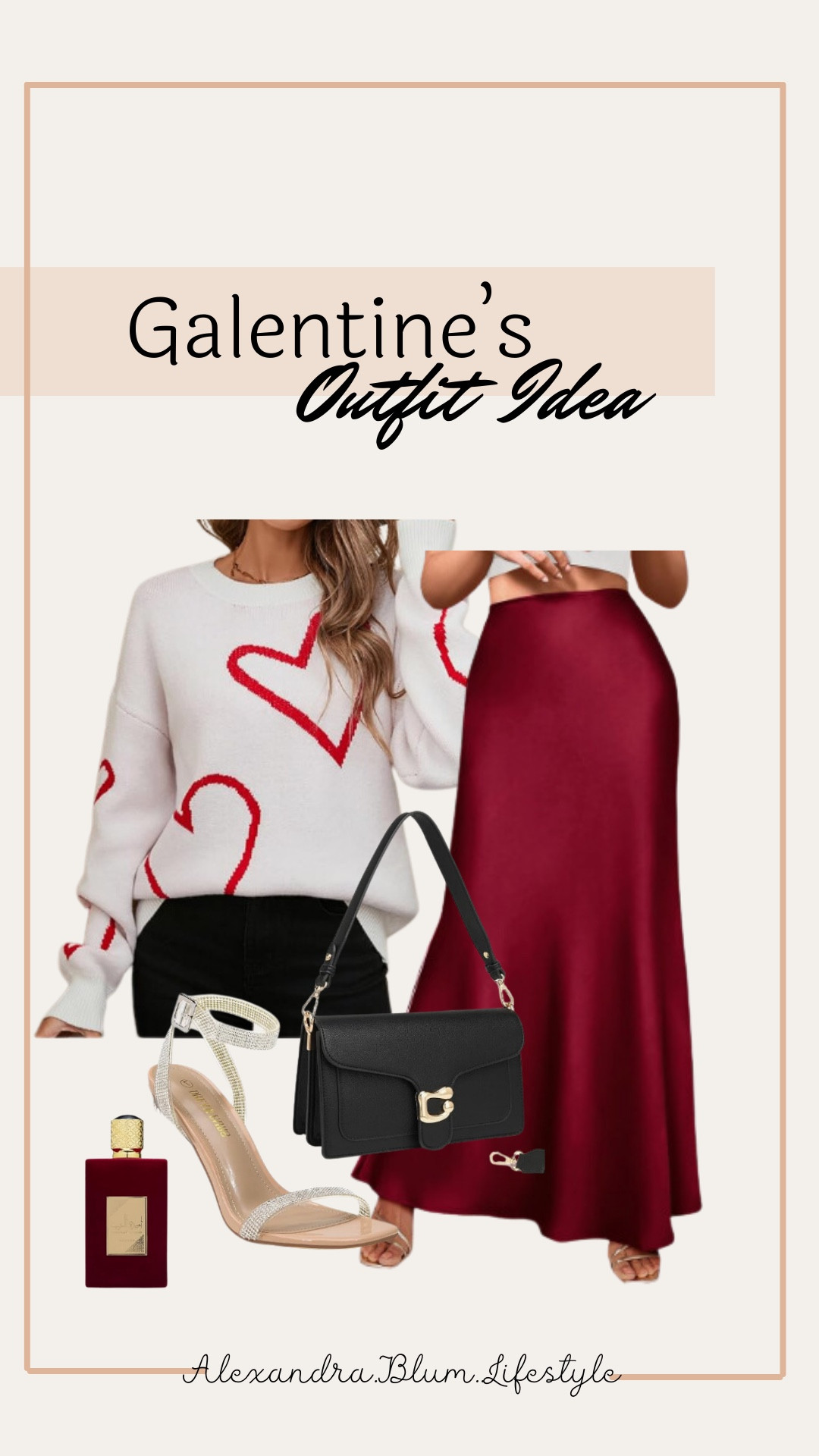 Galentine’s day outfit idea from Amazon! Valentine’s Day outfit! Date night idea! White sweater with red hearts, maxi satin skirt, clear glittery heels, and perfume! Amazon fashion!

#LTKFindsUnder100 #LTKItBag #LTKShoeCrush
