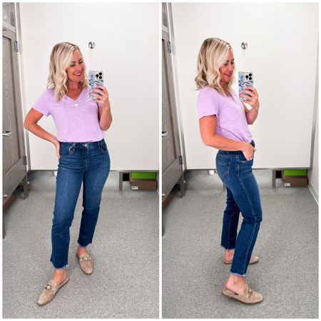 Wit & Wisdom always delivers with great-fitting (and affordable!) denim! This straight leg style has a dark rinse, high rise with lots of stretch & the magical absolution panel around the waist for a smoothing fit. True to size, I’m in a 2  