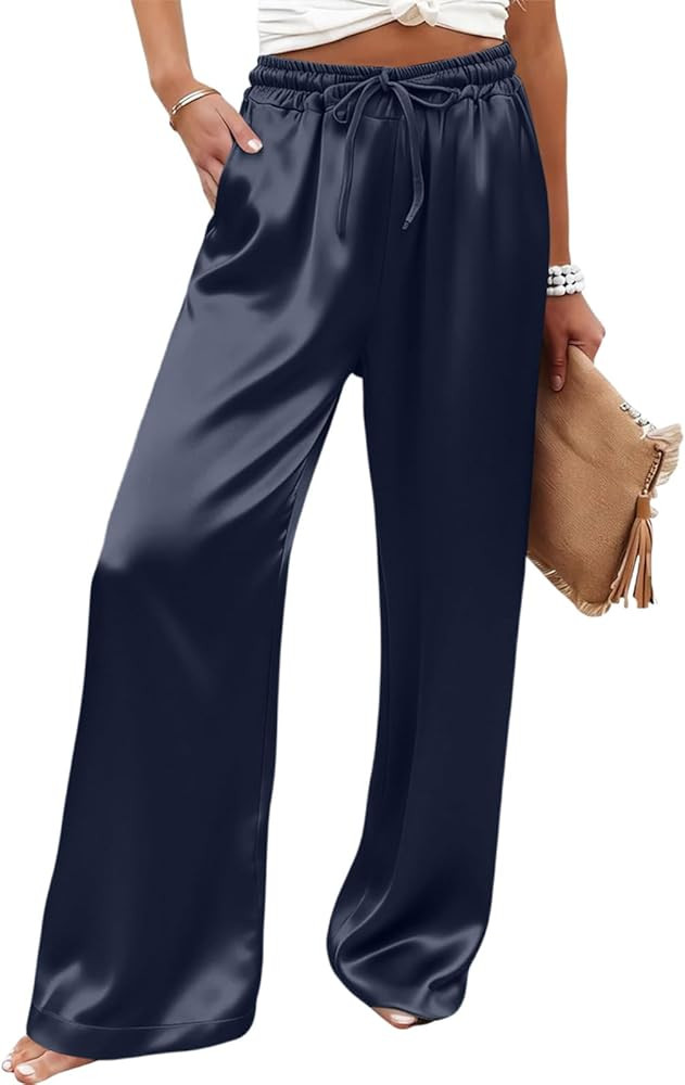 Wide Leg Pants for Women Elastic Waist Satin Stretchy Flowy Pants Drawstring Summer Trouser Loose... | Amazon (US)