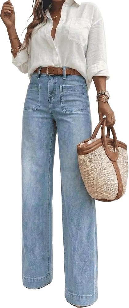 Women's High Waisted Wide Leg Jeans with Retro Patch Pockets Stretchy 70s Vintage Loose Denim Pan... | Amazon (US)