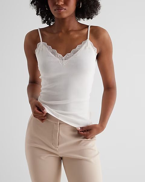 Ribbed Fitted V-Neck Lace Trim Cami | Express (Pmt Risk)