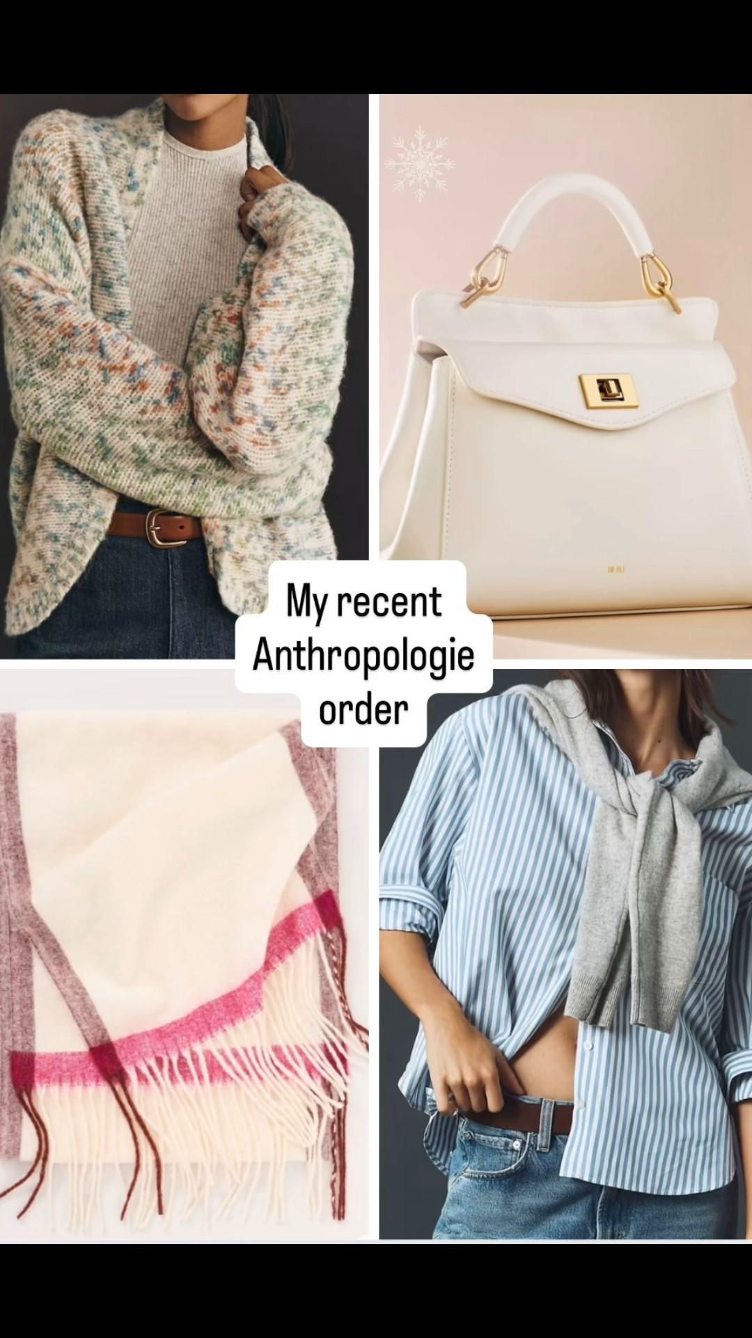 My recent Anthropologie order (Betsy). Winter style. Brushed fringe scarf. Confetti cardigan. Winter handbag. 

#LTKOver40 #LTKSeasonal