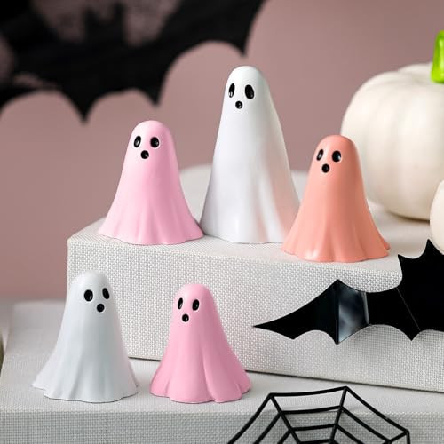 Amyhill 5 Pcs Halloween Ghost Figurine Resin Ghost Sculpture Statue Cute Halloween Decorations Spooky Tiered Tray Decor for Indoor Home Table Centerpieces Party Kitchen Tabletop Shelf (Cute,Pink) | Amazon (US)
