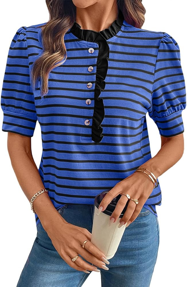 BLENCOT Summer T Shirt for Women Casual Puff Sleeve Button Down Ruffle Collar Striped Knit Blouse... | Amazon (US)
