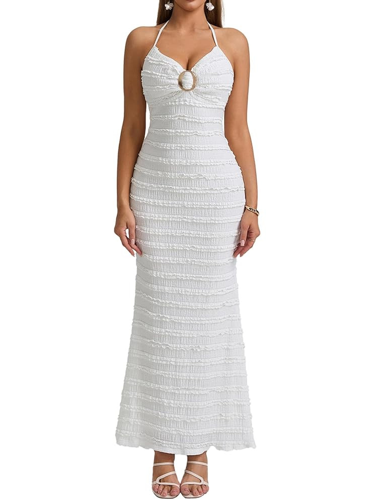 HTZMO Women Elegant Summer Casual Bodycon Maxi Dress Sexy V Neck Halter Ruffle Wedding Guest Form... | Amazon (US)