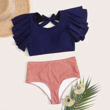 Striped Tied Open Back Ruffle Trim High Waist Bikini Swimsuit | SHEIN
