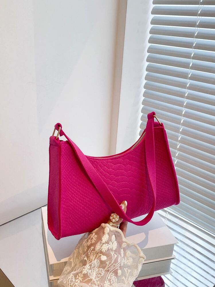 Neon Pink Snakeskin Embossed Baguette Bag | SHEIN