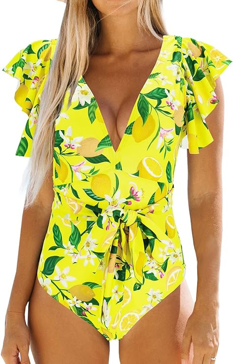 Binlowis V Neck Ruffle One Piece Swimsuit Ladies Floral Print Sexy Belt Bathing Suit Tie Swimwear | Amazon (US)