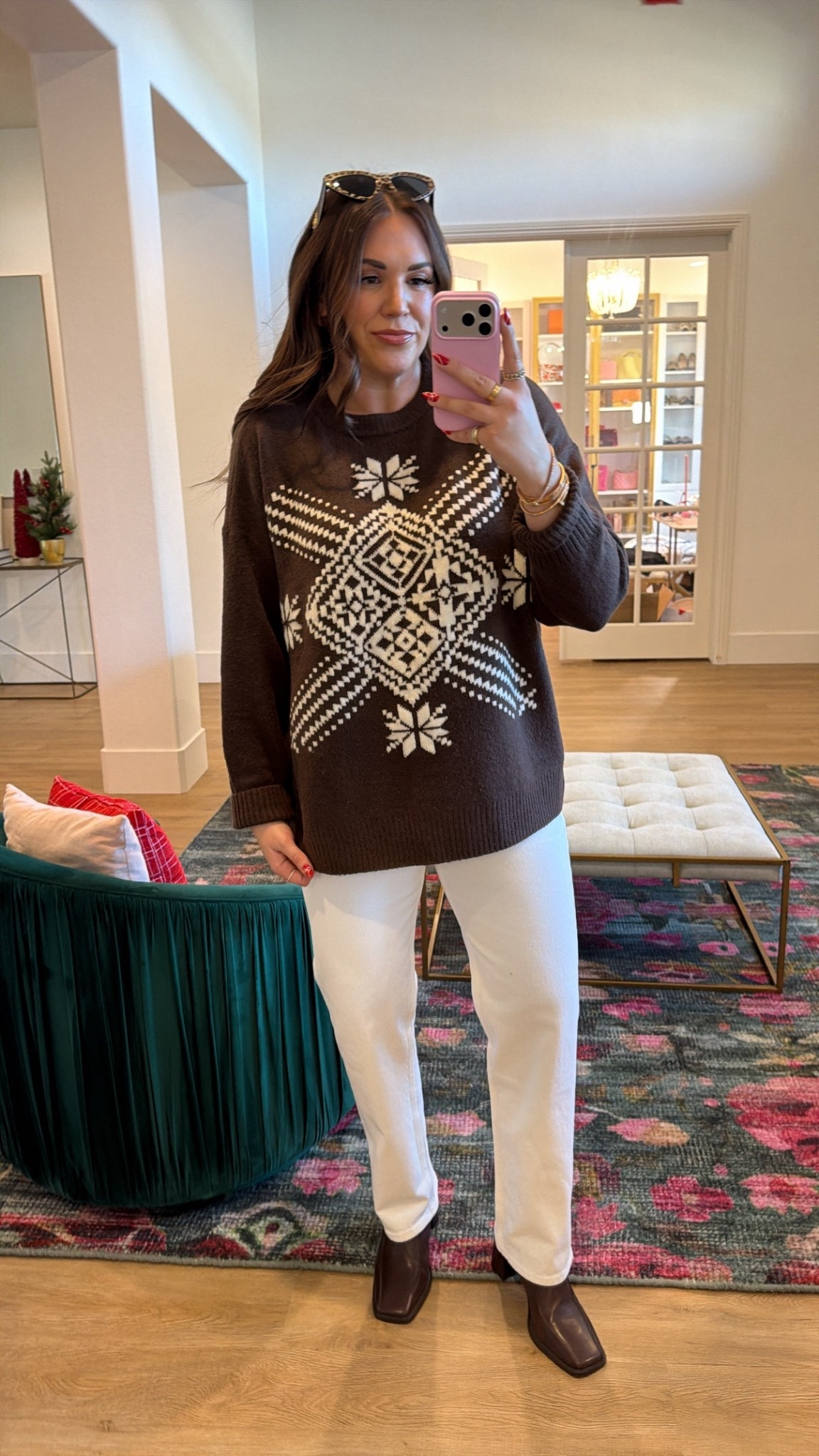 curvy midsize chocolate brown and white winter look! wearing size large in brown fairisle sweater, size large in brown wool coat, and size 30 in white denim 

#LTKMidsize #LTKFindsUnder100 #LTKSeasonal