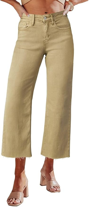 Allimy Women's High Waisted Straight Ankle Wide Leg Ripped Jeans Frayed Hem Stretchy Capri Denim ... | Amazon (US)