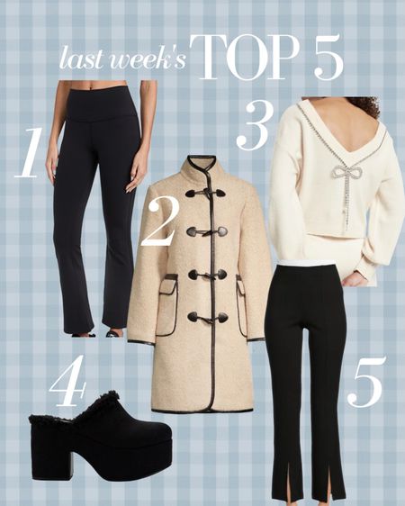Last Week’s Top 5 best sellers! The Alo airbrush flare leggings that are incredibly flattering, a faux shearling coat to keep you warm all winter (on sale for over $300 off!), a fabulous holiday bow sweater, shearling lined clogs and the under $20 pants your wardrobe needs!

#LTKstyletip #LTKunder100 #LTKSeasonal