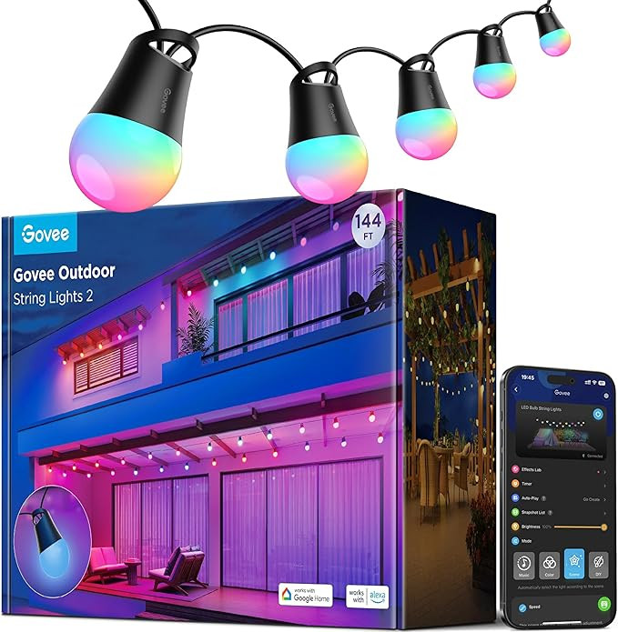 Govee Smart Outdoor String Lights 2, 144ft Outdoor Lights with Dimmable Warm White LED Bulbs, 47 ... | Amazon (US)