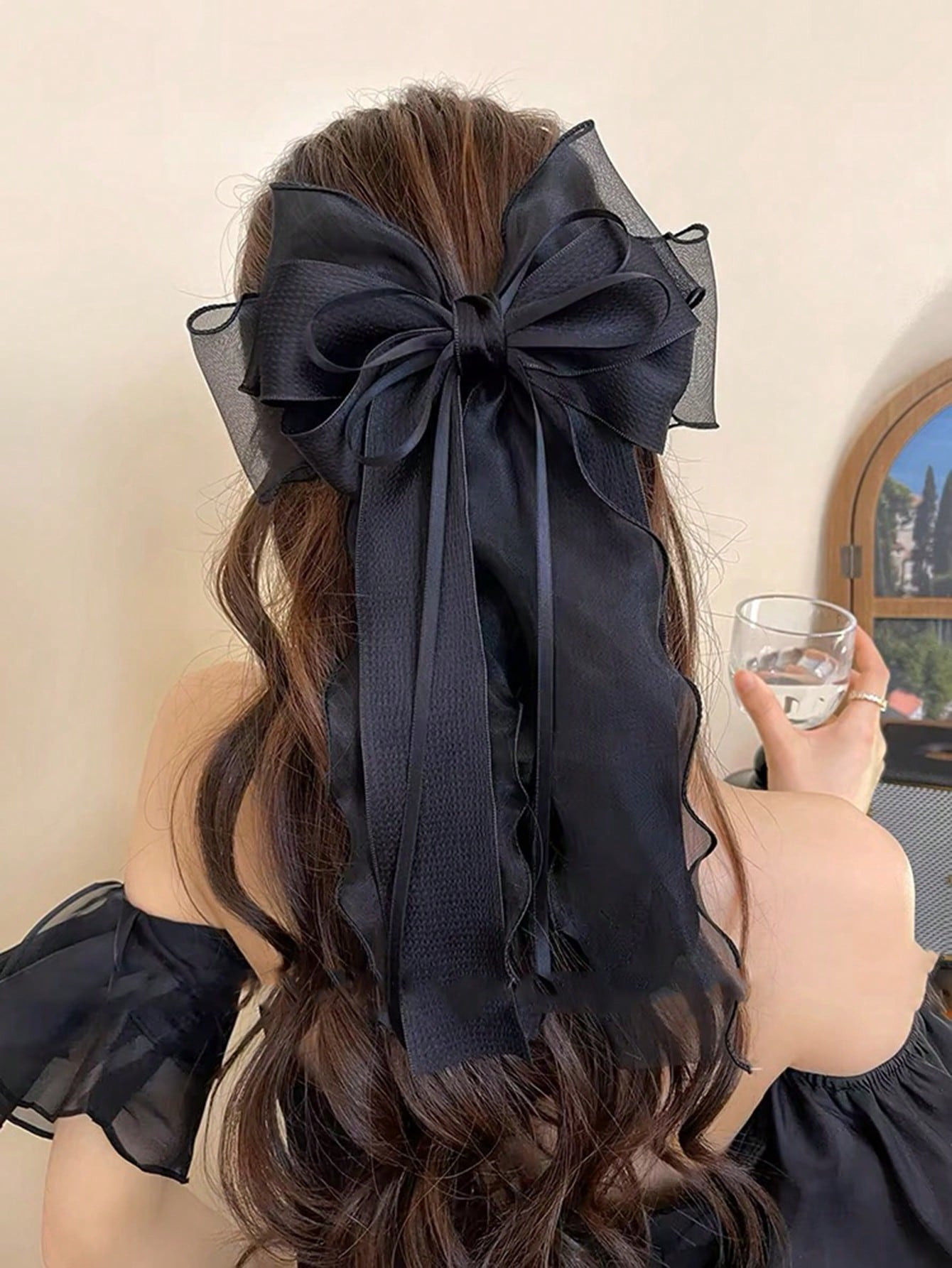 1pc Elegant And Gentle Style Black Lace Mesh Ribbon Bow Barrette Halloween | SHEIN