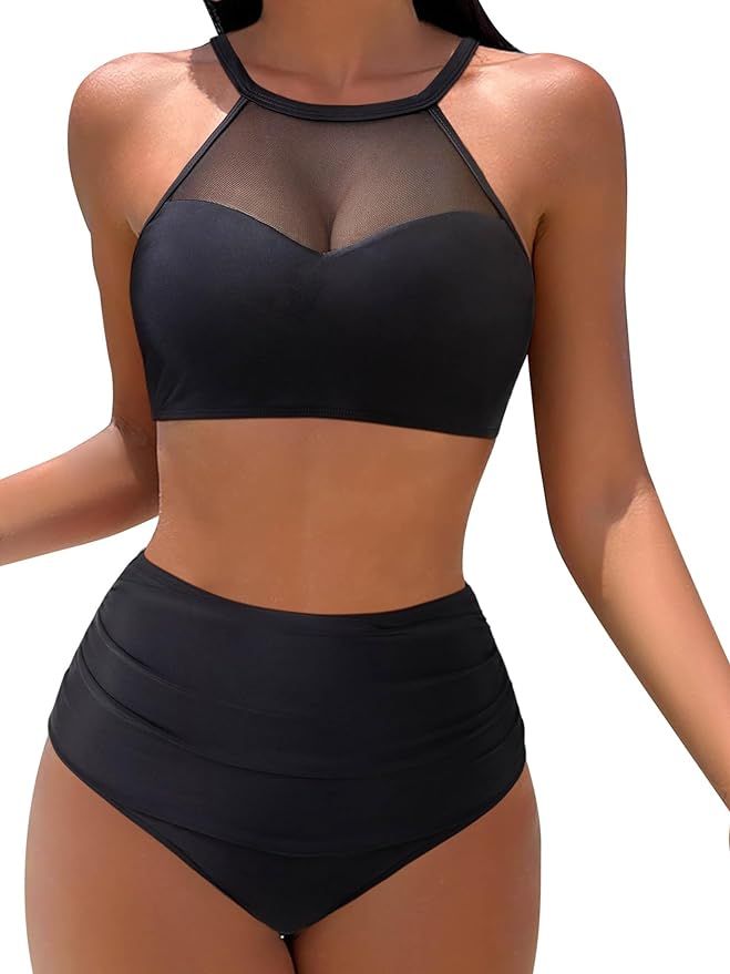 MOOSLOVER Women Mesh High Neck Bikini Sets High Waisted Two Piece Swimsuit Bathing Suits | Amazon (US)