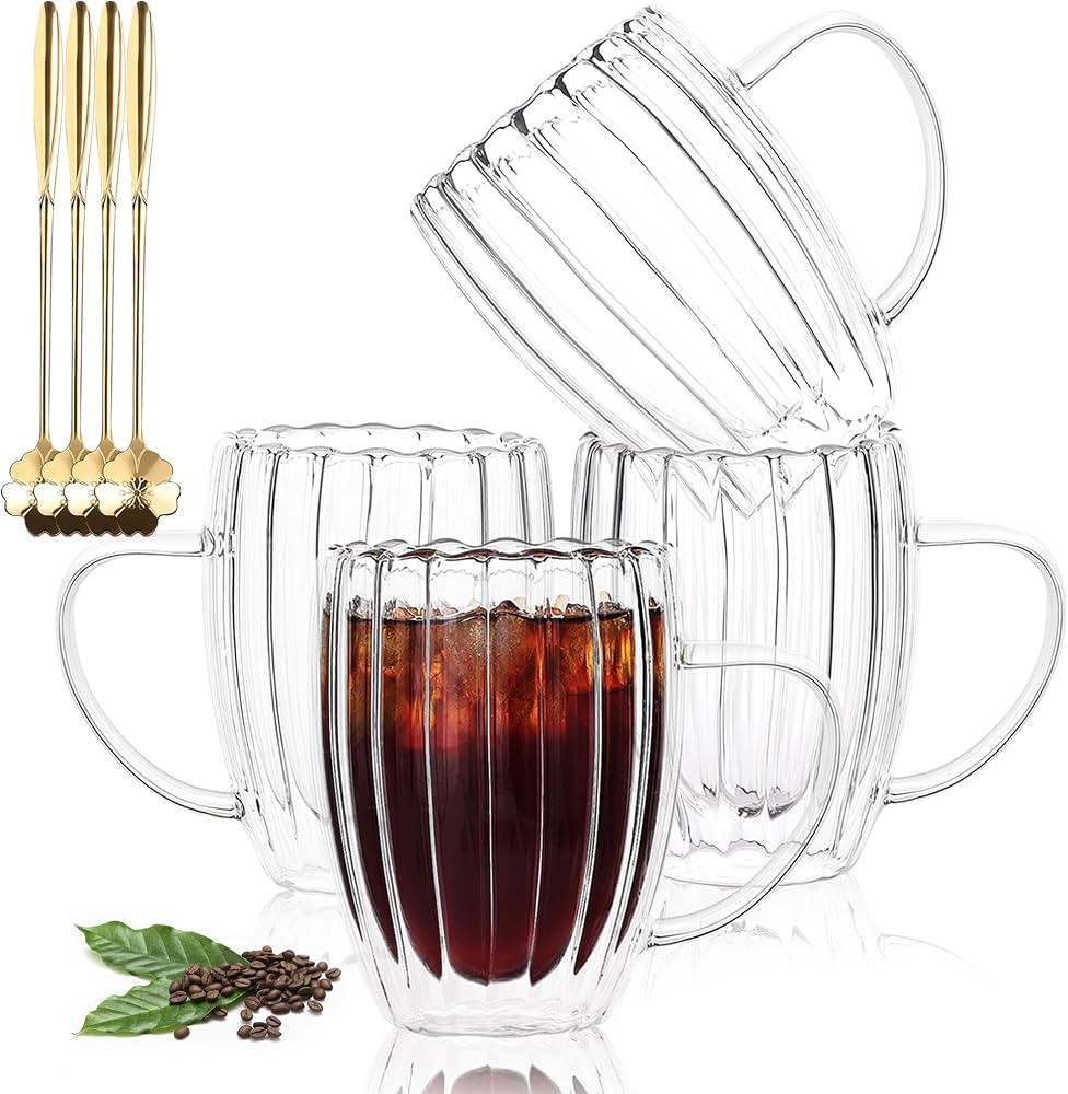 Double Wall Glass Coffee Mugs,4pcs,12oz,Classic Vertical Stripes Coffee Cups,Aesthetic Tea Cups,C... | Amazon (US)