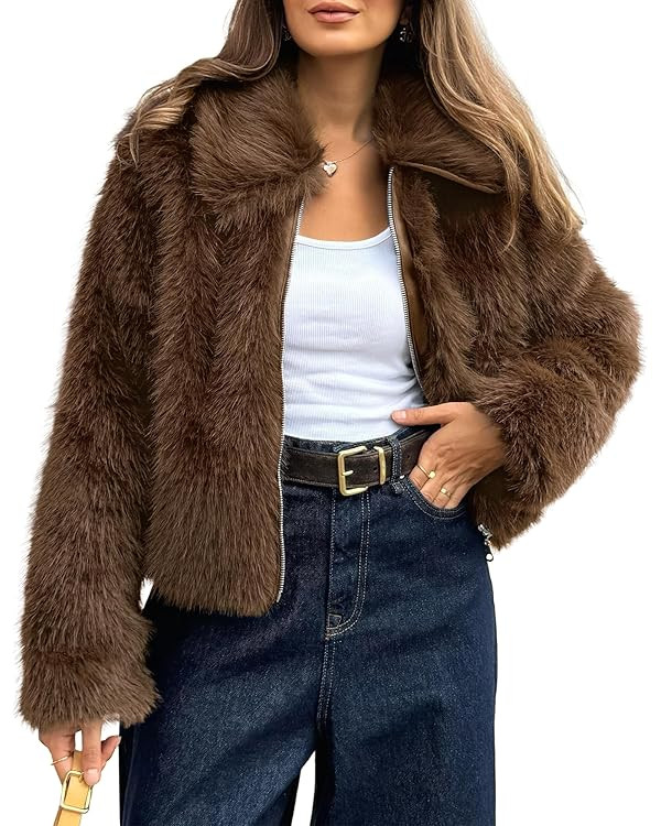 BTFBM Faux Fur Jacket Women Fluffy Winter Cropped Coats Zip Up Fuzzy Jackets Long Sleeve Furry Co... | Amazon (US)