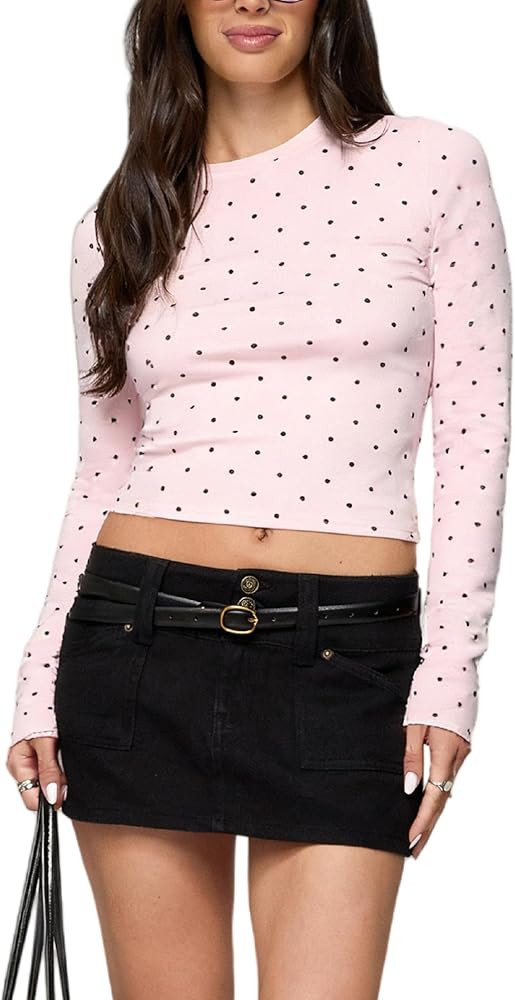 UAURORAO Women Polka Dot Top Long Sleeve Crewneck Y2K Crop Tops Dots Print Stretch Slim Fit T Shi... | Amazon (US)